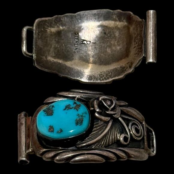 Vintage Native Signed Turquoise Sterling Watch Tips - Picture 3 of 5